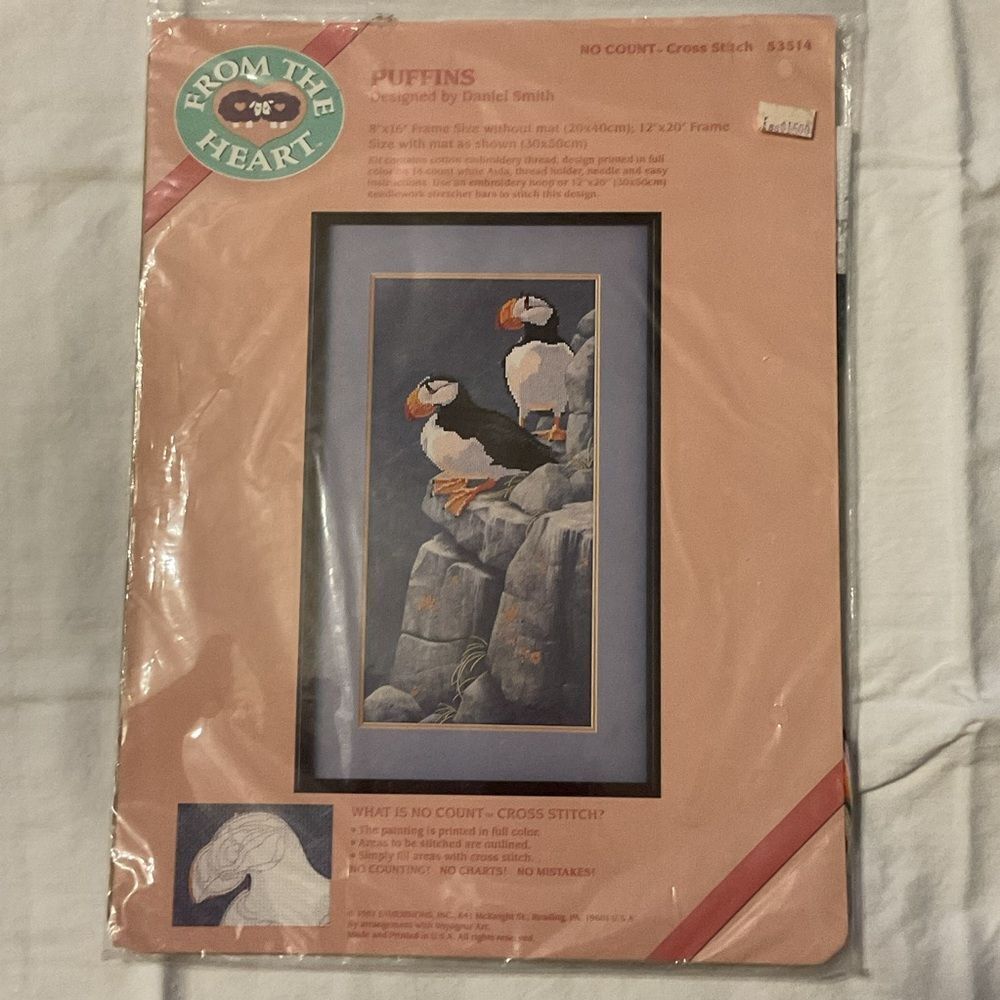 New Old Stock Vintage Puffins No Count Cross Stitch Kit